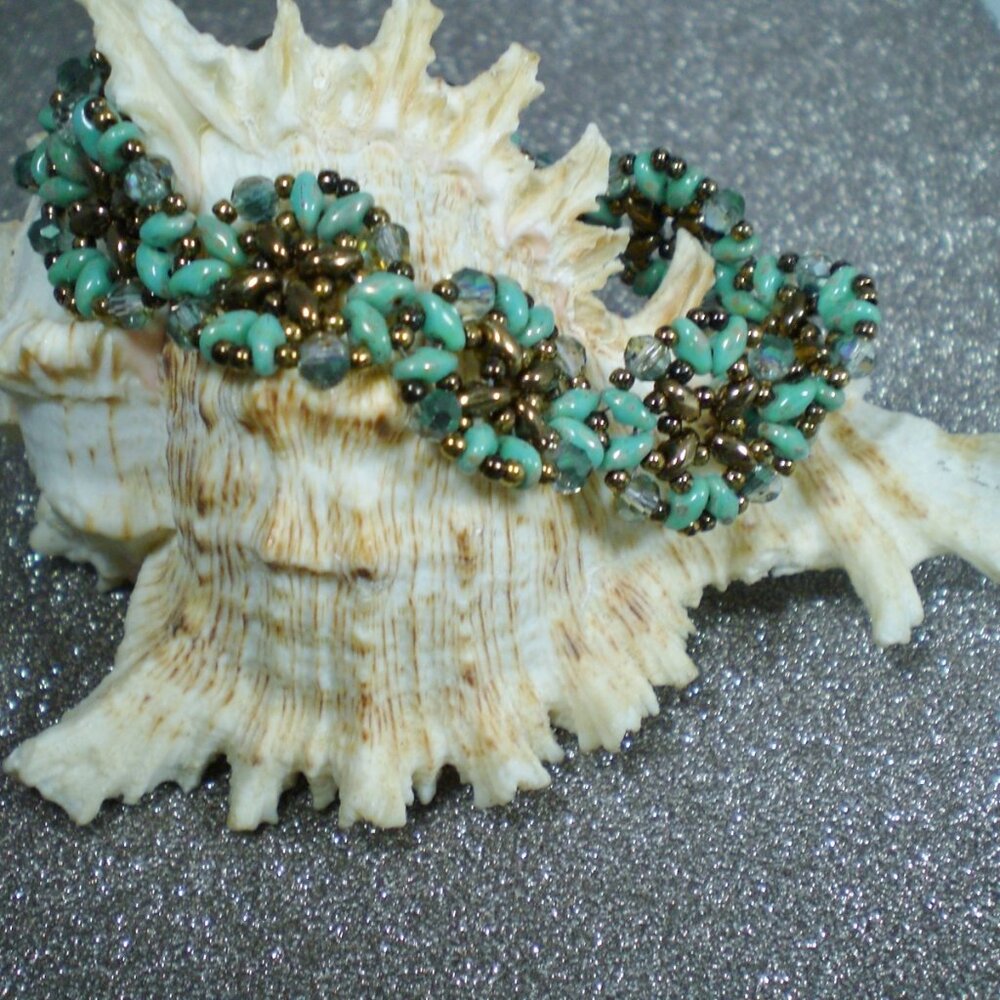 Hand Beaded Turquoise Picasso Athena Bracelet, Super Duo Beads; OOAK